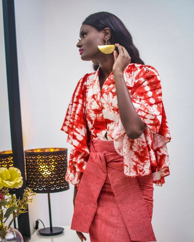 Model Amy Faye is wearing an outfit by Sébastien Bazémo